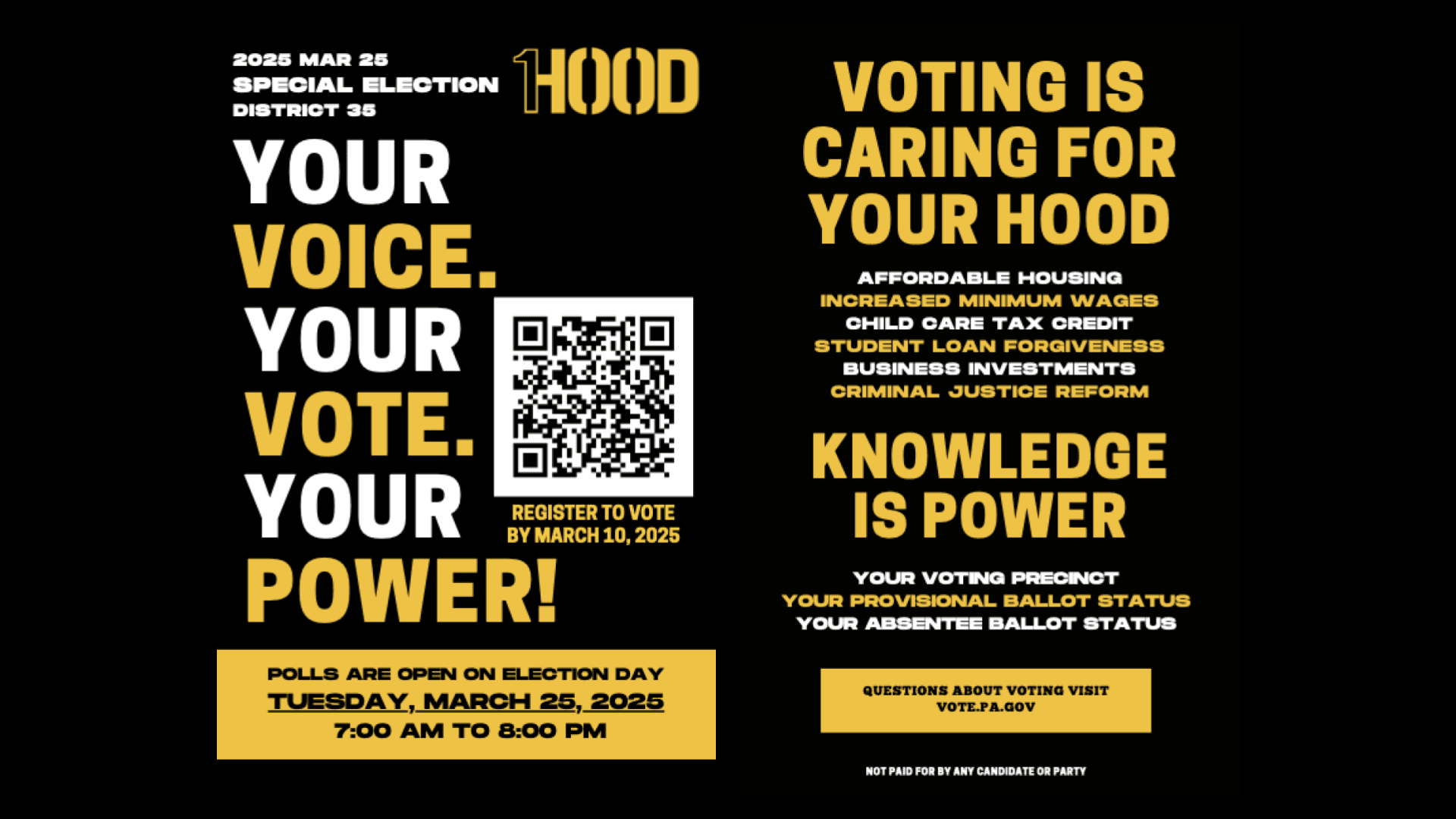 1Hood Flier for Pennsylvania’s House District 35 Special Election, March 2025