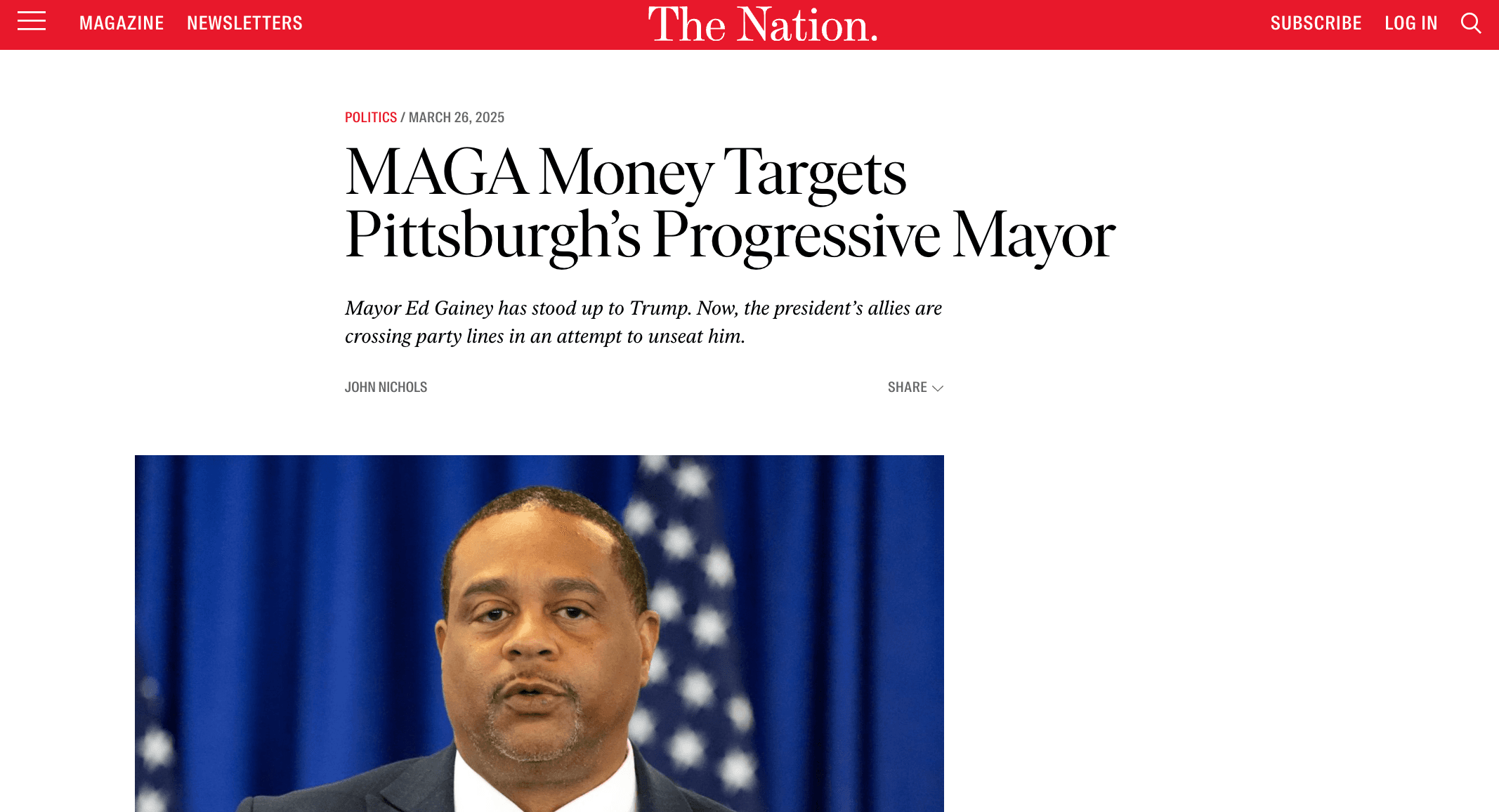 Screenshot: The Nation, “MAGA Money Targets Pittsburgh’s Progressive Mayor,” 3/26/2025.