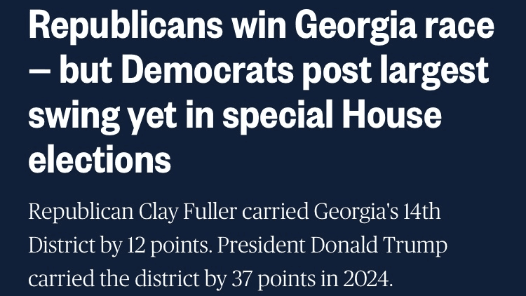 Screenshot: NBC News reporting on a monumental swing left in Georgia’s deep red 14th Congressional District. 
