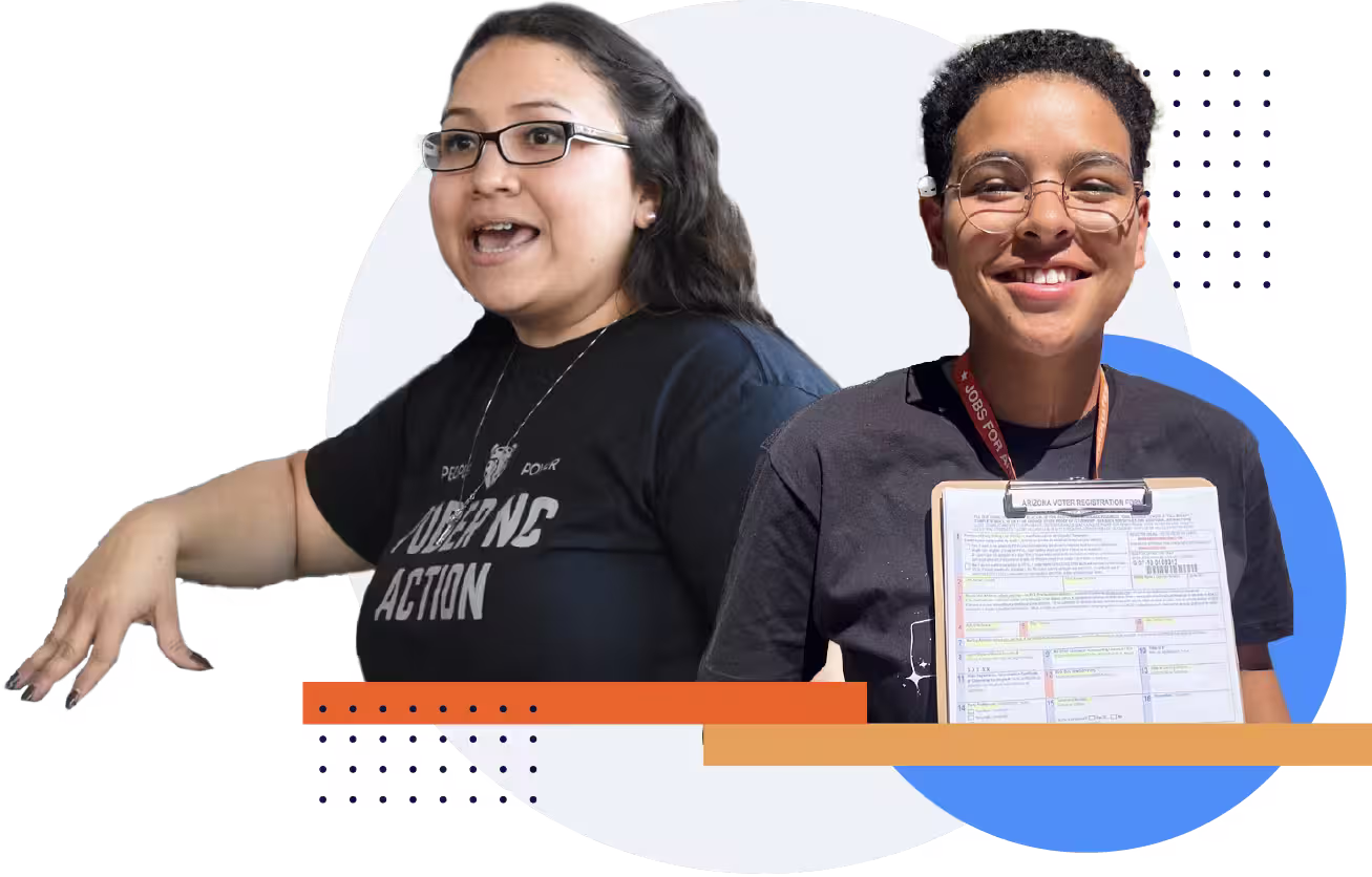 A collage of two people. One is mid-speech, wearing a political action t-shirt; the other is smiling at the camera, holding up a clipboard with a voter registration form.
