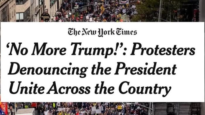 Screenshot: The New York Times reporting on No Kings mass mobilizations across the country.