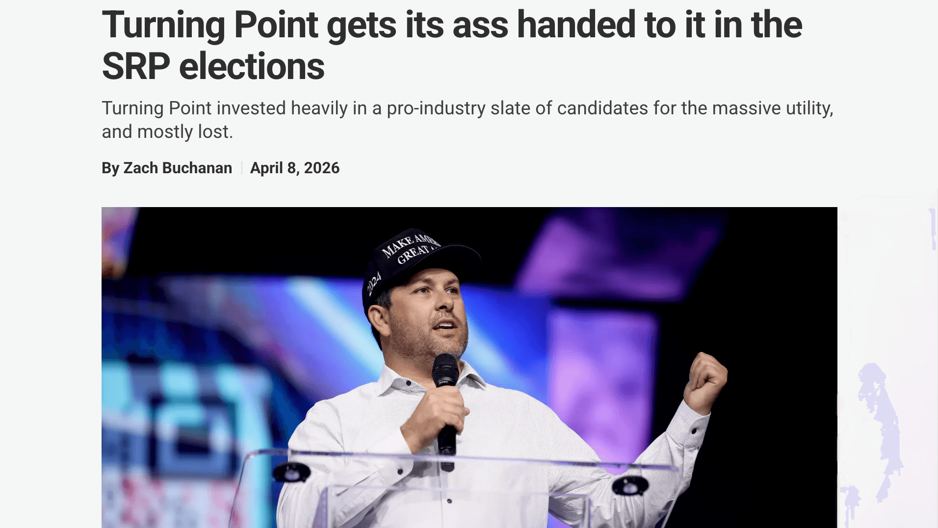 Screenshot: Phoenix New Times reporting on Turning Point Action’s losing influence in Arizona’s utility board elections. (Photo credit: Gage Skidmore/Flickr/CC BY-SA 2.0)