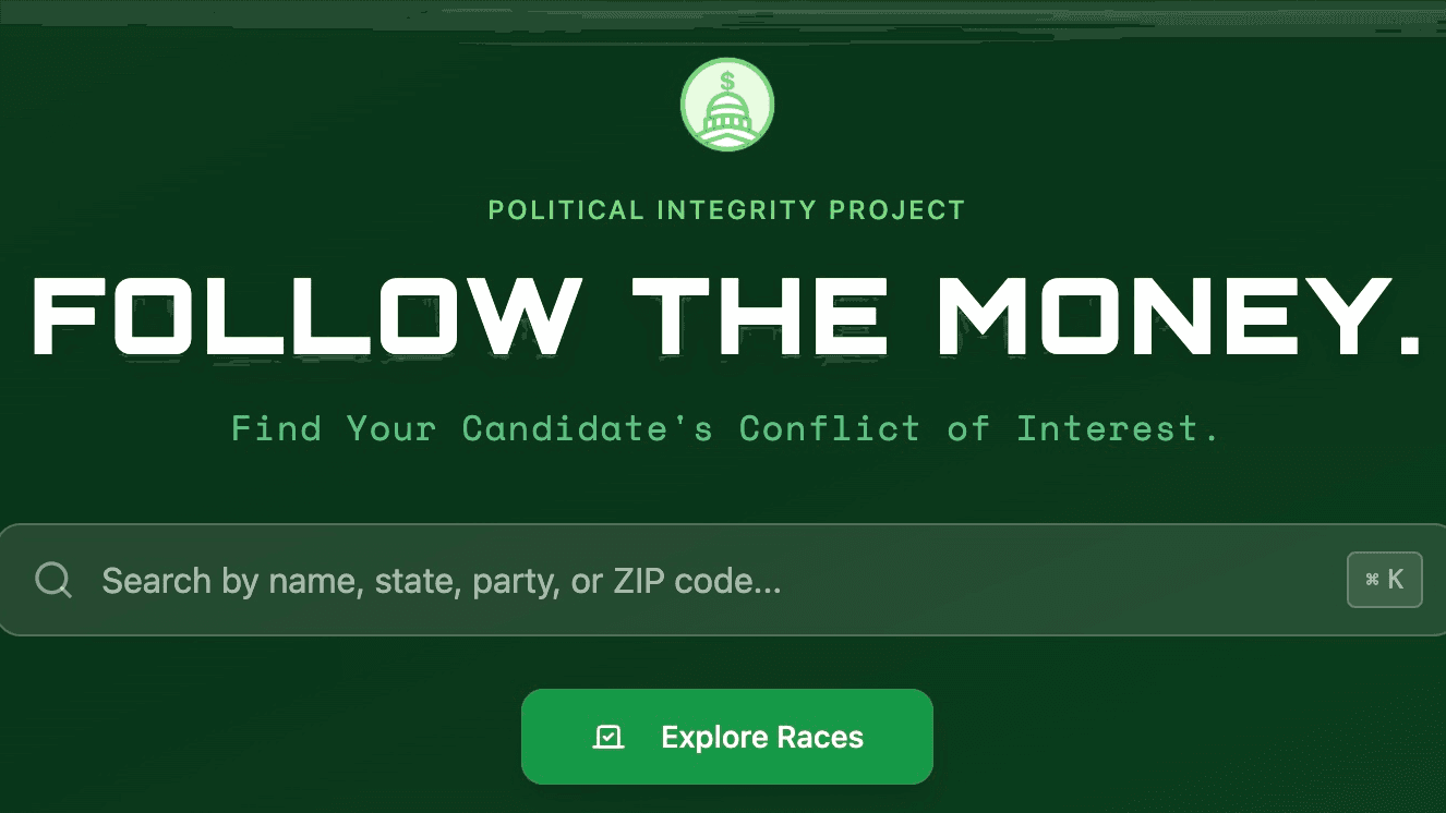 Screenshot: Political Integrity Project’s Integrity Index website, which lets users see their Congressional leaders’ political contributions.