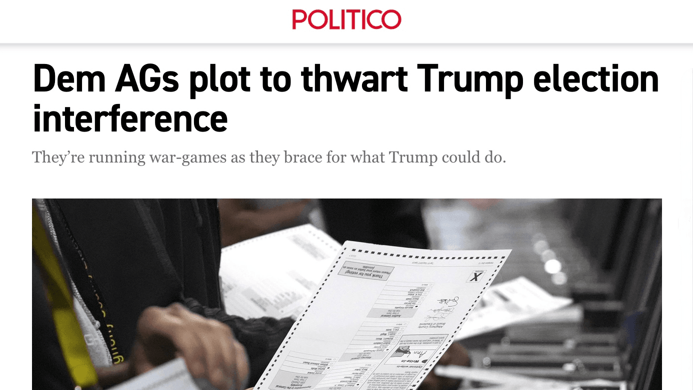 Screenshot: Politico reporting on how Democratic Attorneys General are preparing for potential election interference from the Trump administration.