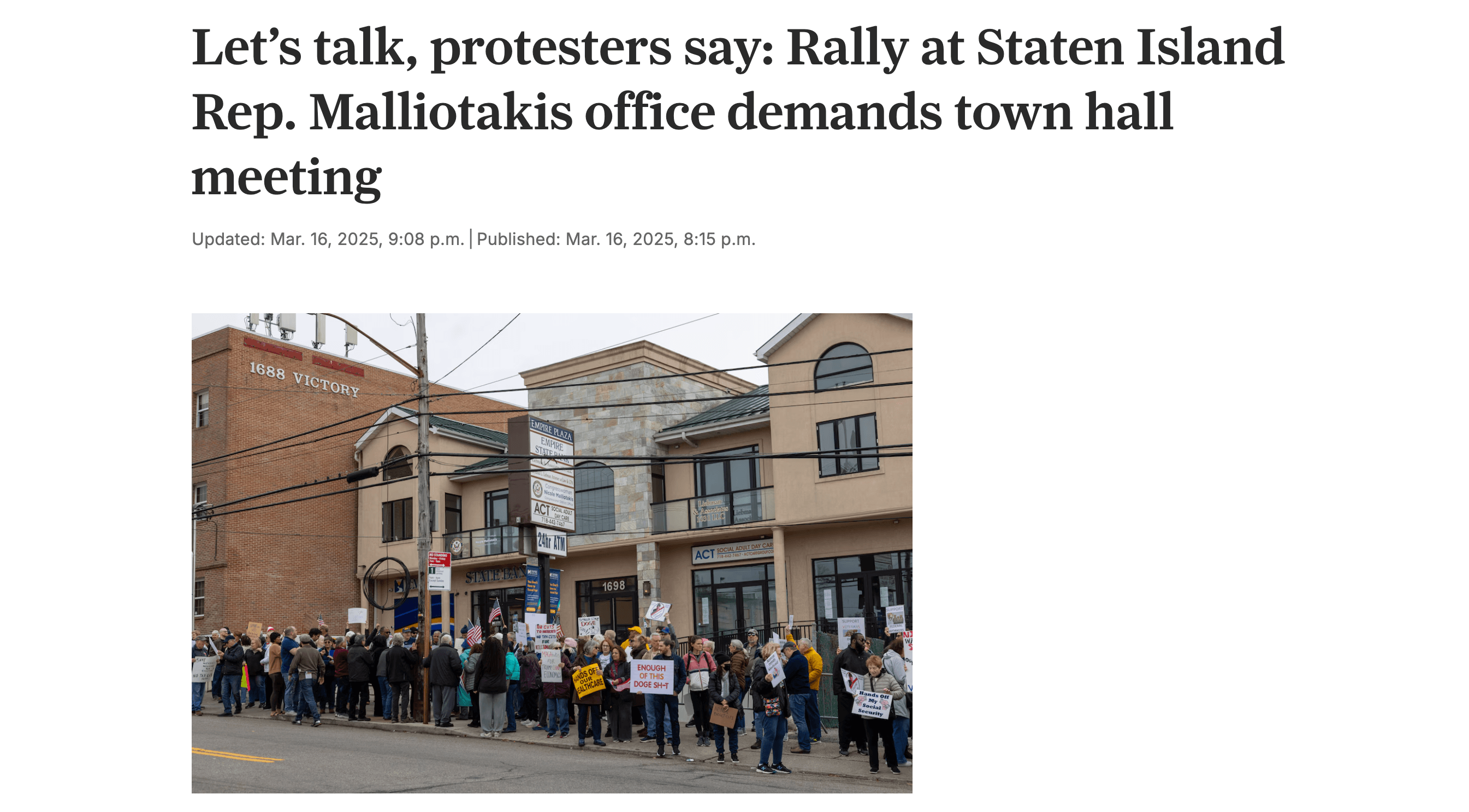 Screenshot: SI Live, “Let’s talk, protesters say: Rally at Staten Island Rep. Malliotakis office demands town hall meeting.” 3/16/2025