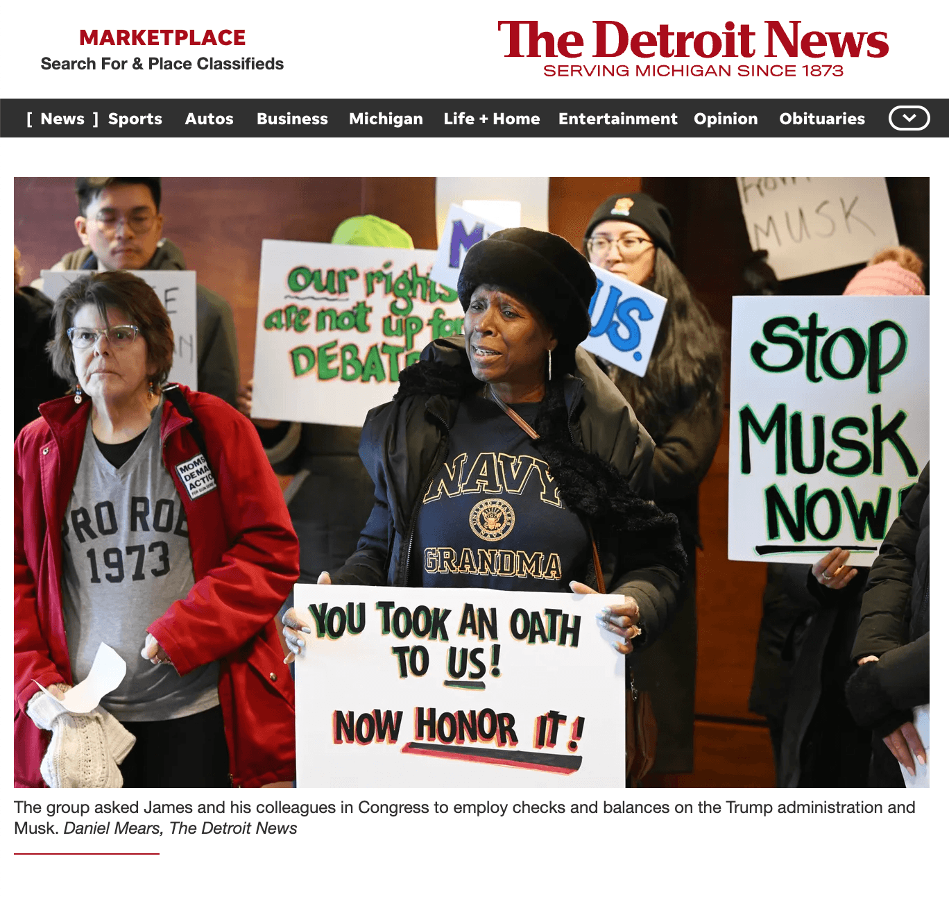 Screenshot: The Detroit News, “Protesters target local congressional offices over Elon Musk access, demand action” | 2/10/2025