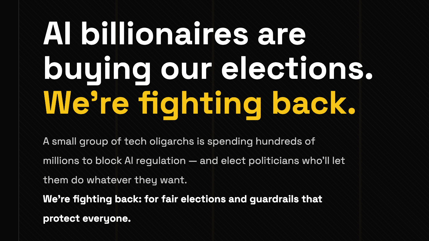 Screenshot: Guardrails Alliance is a new “people-powered super PAC” taking on the outsized influence of Big Tech and AI in our elections.