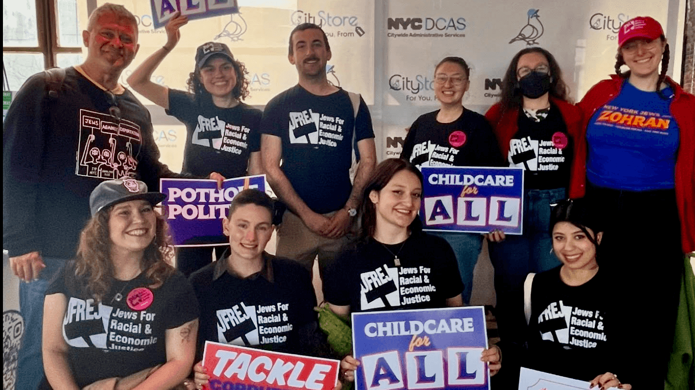 Photo: Jews for Racial and Economic Justice celebrating at Mayor Zohran Mamdani’s first-100-days rally in Queens, NY.