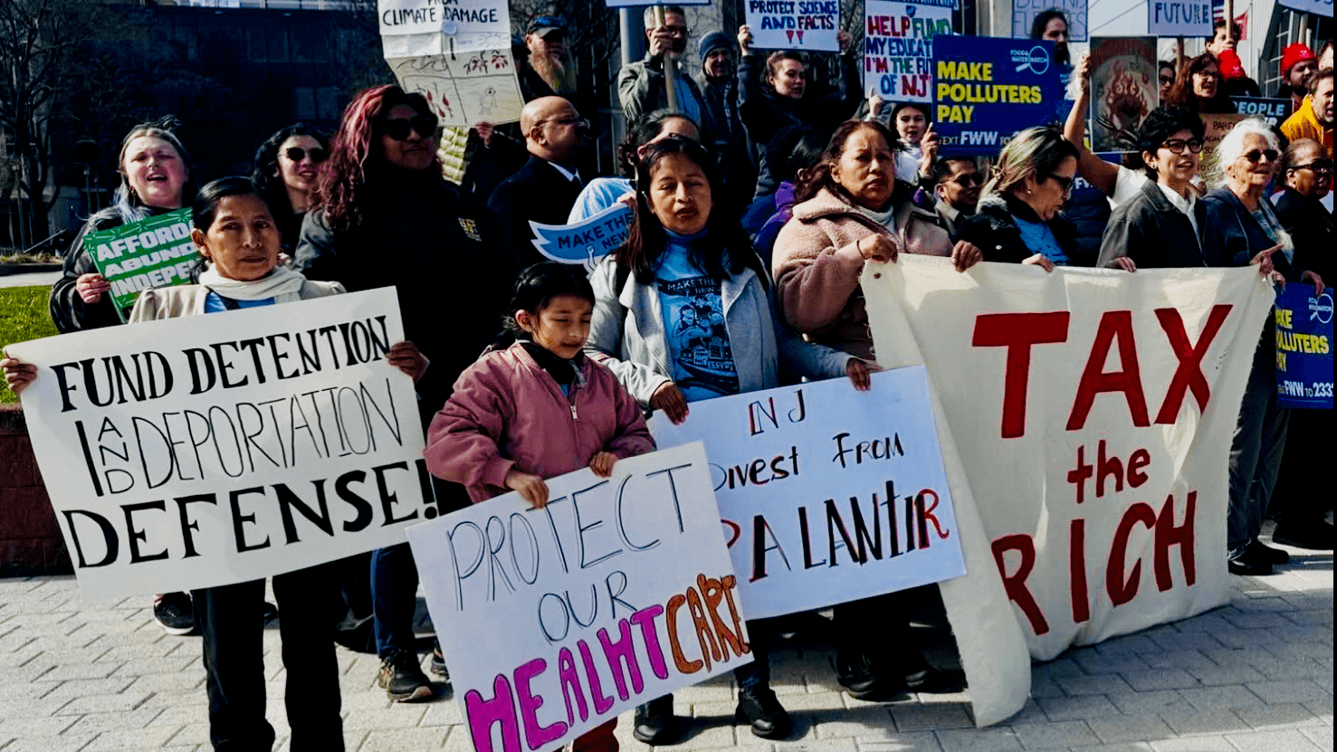 Photo: Make the Road New Jersey members rallying in support of a fair New Jersey state budget, including full funding for the Detention and Deportation Defense Initiative.