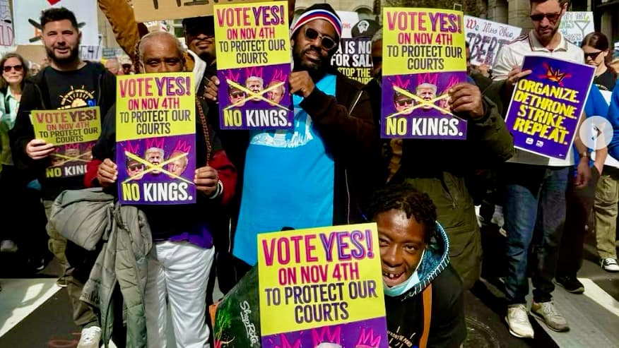 Photo: One Pennsylvania at a No Kings rally urging voters to vote “Yes” in state Supreme Court retention elections in 2025.