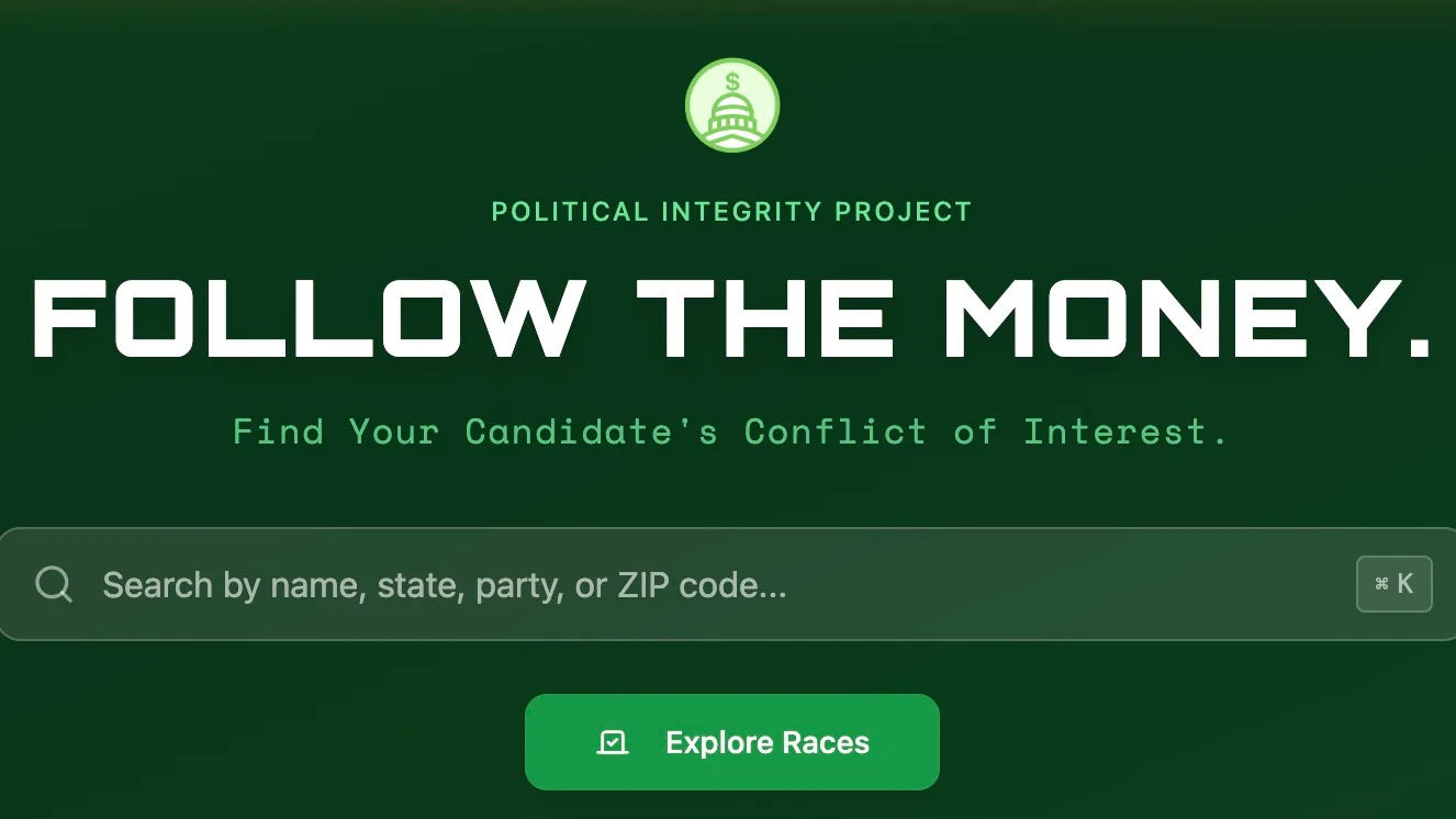 Screenshot: Political Integrity PAC’s Integrity Index website, which lets users see their Congressional leaders’ political contributions.