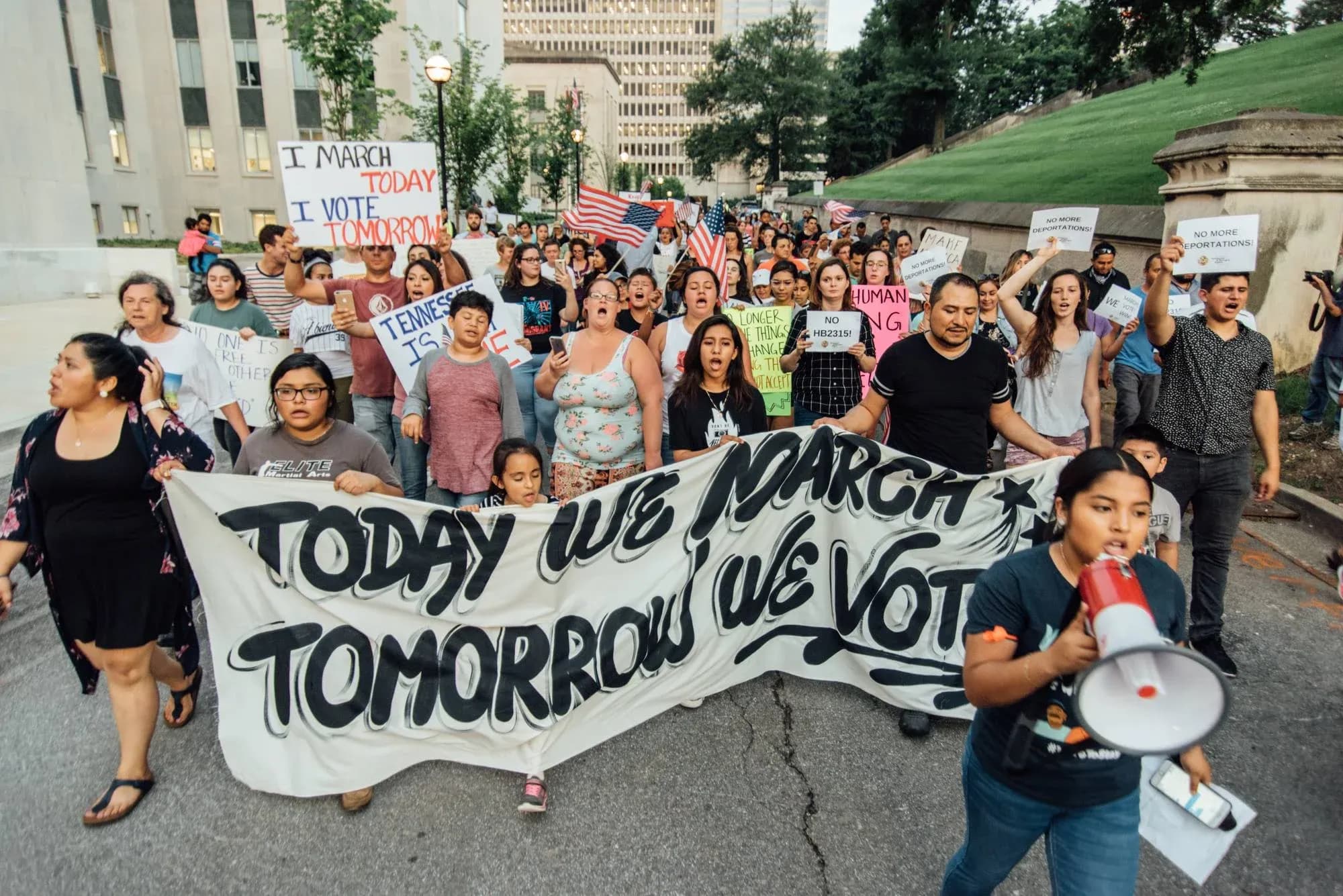 Photo: Tennessee Immigrant & Refugee Rights Coalition marching for voting rights and mobilizing people to the polls. (Photo credit: Jon Dragonette)